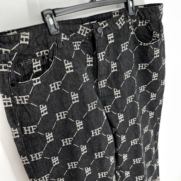 Homme + Femme NEW HF Logo Jeans Mens Sz 40 Black White Honeycomb Pattern Stretch - Picture 2 of 9